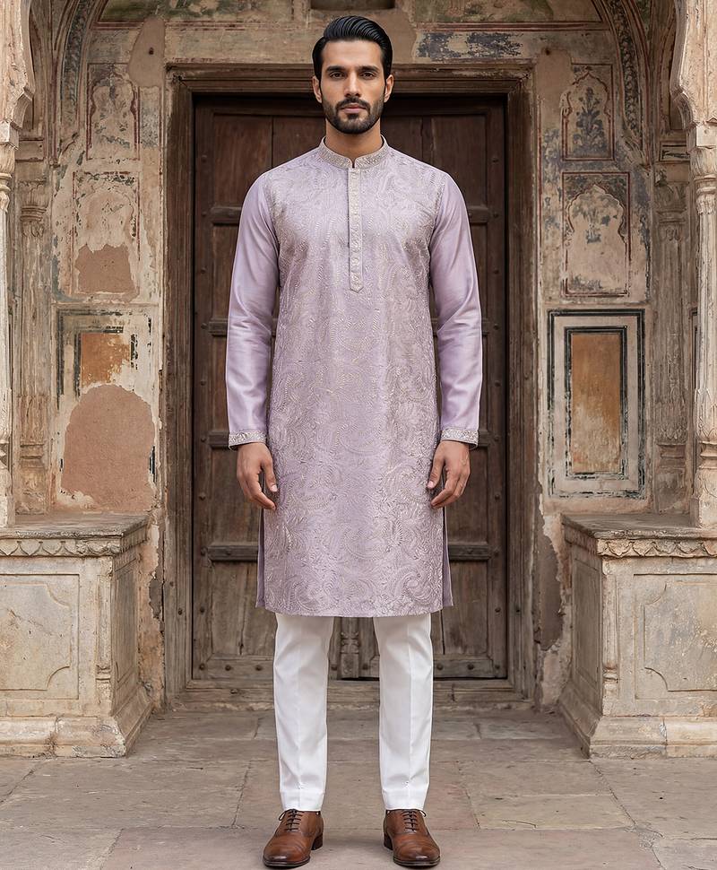 Men lavender silk blend embroidered straight kurta