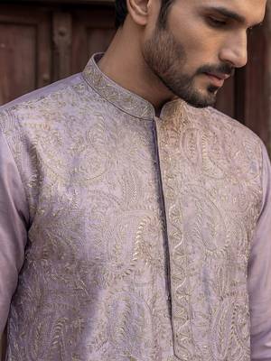 Men lavender silk blend embroidered straight kurta 2
