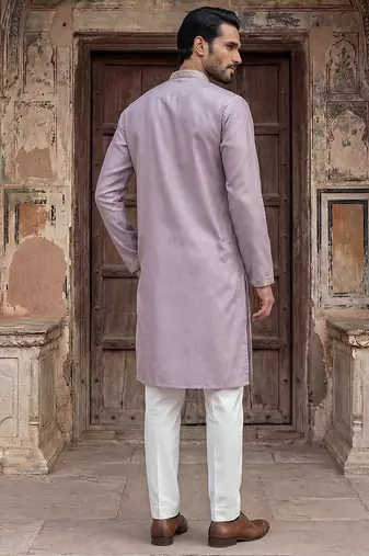Men lavender silk blend embroidered straight kurta