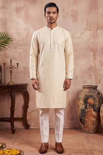 Men off white silk blend embroidered straight kurta