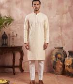 Men off white silk blend embroidered straight kurta
