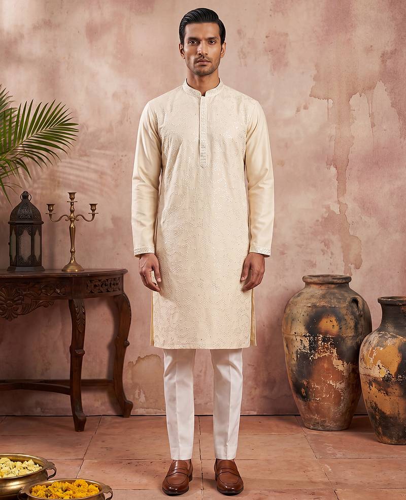 Men off white silk blend embroidered straight kurta