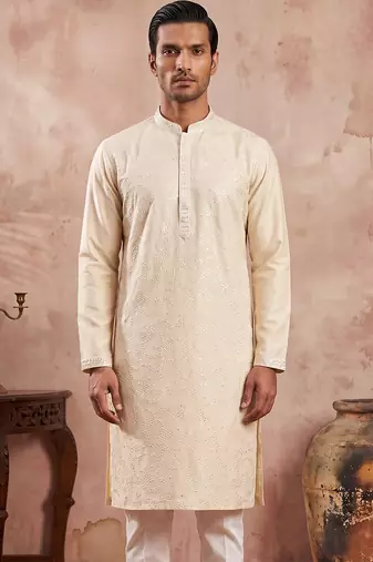Men off white silk blend embroidered straight kurta