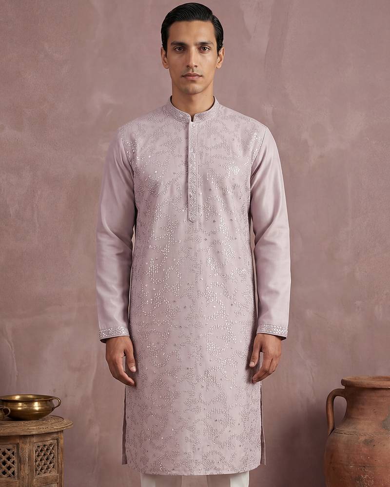 Men lavender silk blend embroidered straight kurta