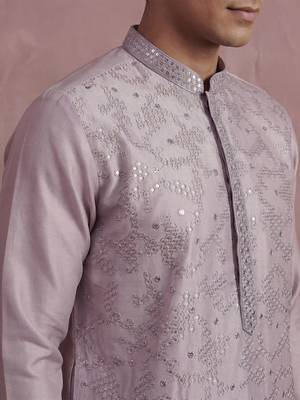 Men lavender silk blend embroidered straight kurta 2
