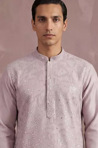 Men lavender silk blend embroidered straight kurta