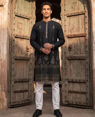 Men black silk blend embroidered straight kurta 1