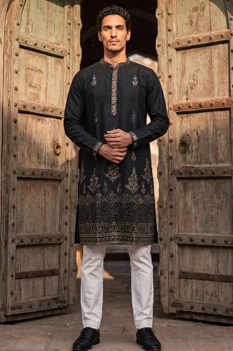 Men black silk blend embroidered straight kurta