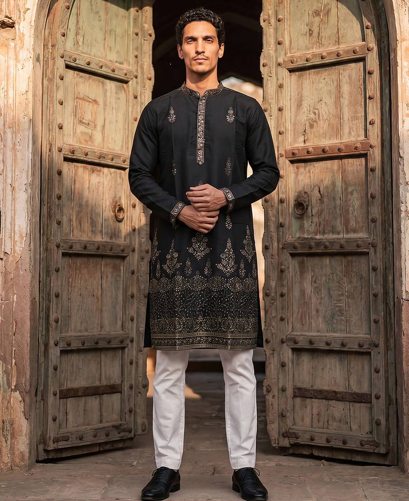 Men black silk blend embroidered straight kurta