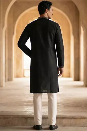 Men black silk blend embroidered straight kurta