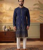 Men blue silk blend embroidered straight kurta