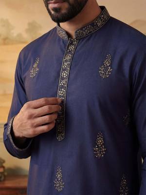 Men blue silk blend embroidered straight kurta 2