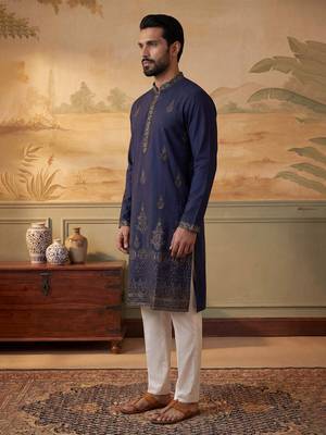 Men blue silk blend embroidered straight kurta 3