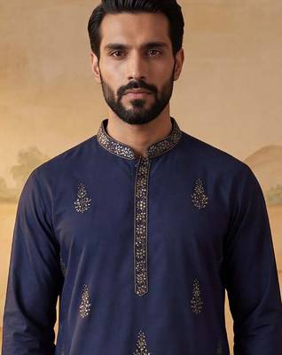 Men blue silk blend embroidered straight kurta 5
