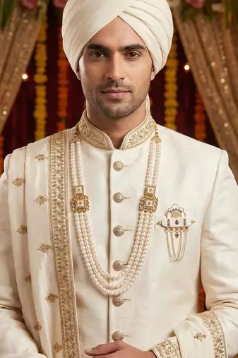  groom sherwani necklace moti mala layered for wedding | groom mala with brooch set