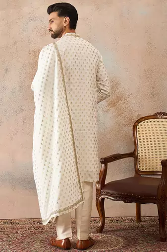Men white jacquard woven design floral straight kurta with dupatta