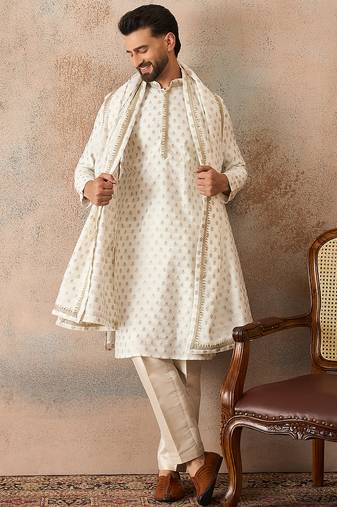 Men white jacquard woven design floral straight kurta with dupatta