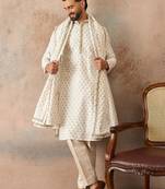Men white jacquard woven design floral straight kurta with dupatta