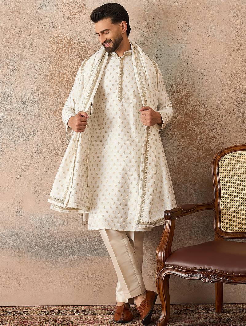 Men white jacquard woven design floral straight kurta with dupatta