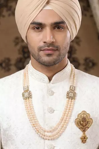   groom sherwani necklace moti mala layered for wedding | groom mala with brooch set