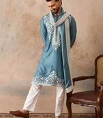 Men blue silk blend woven design floral straight kurta with dupatta