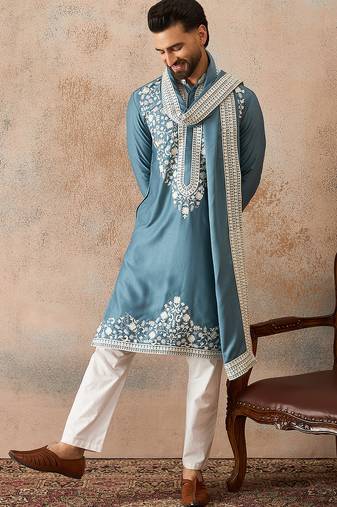 Men blue silk blend woven design floral straight kurta with dupatta