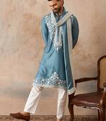 Men blue silk blend woven design floral straight kurta with dupatta