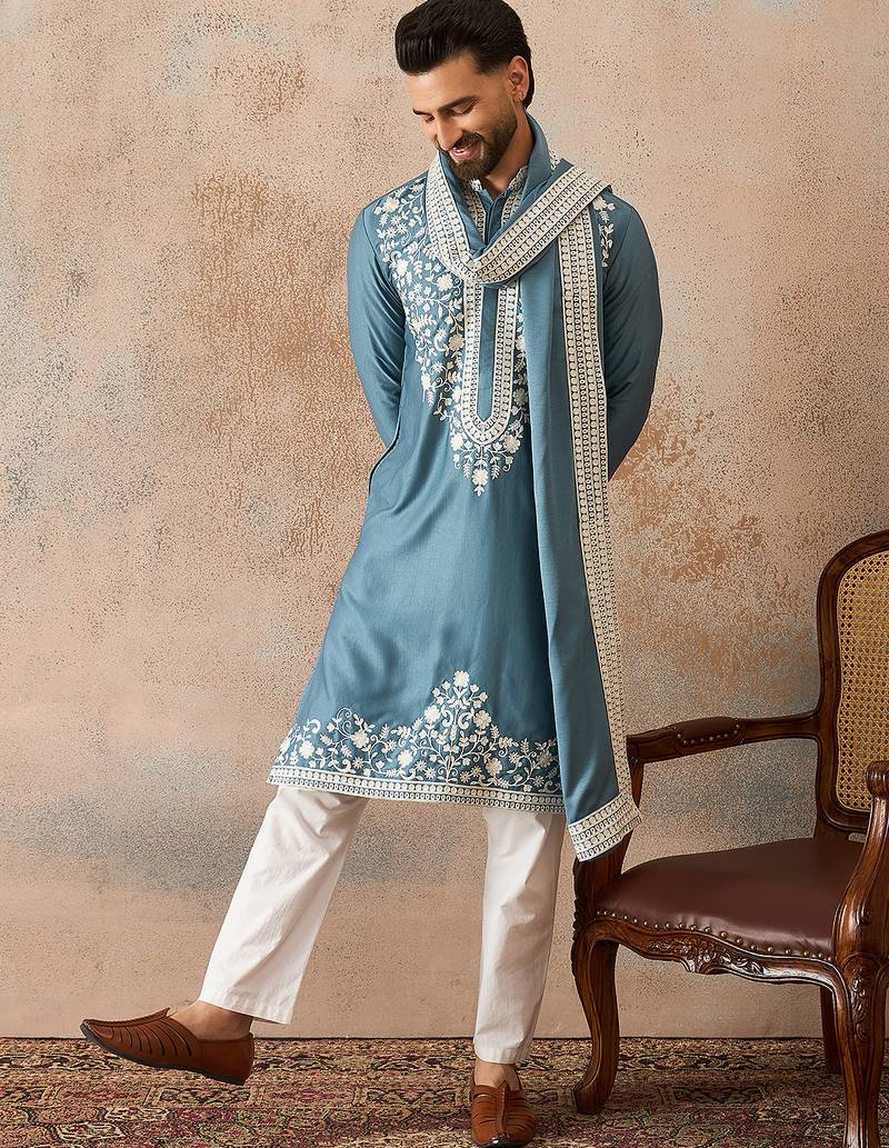 Men blue silk blend woven design floral straight kurta with dupatta