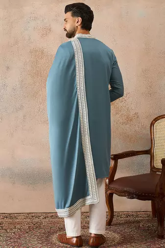 Men blue silk blend woven design floral straight kurta with dupatta