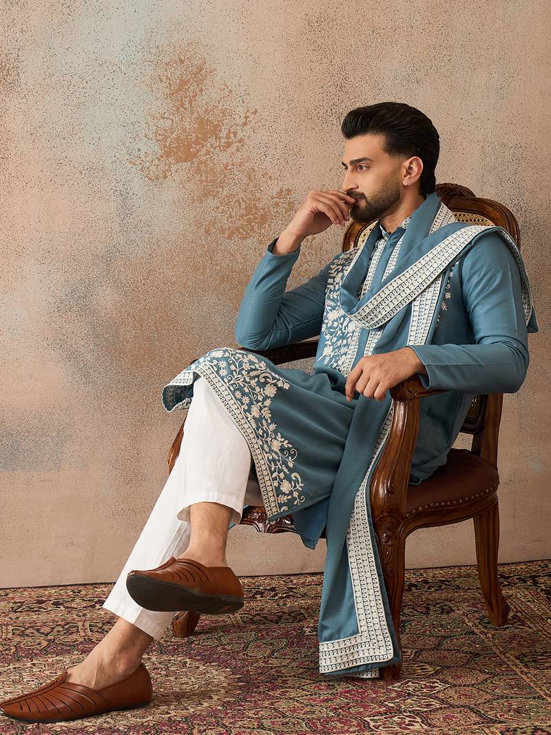 Men blue silk blend woven design floral straight kurta with dupatta