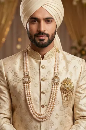   groom sherwani necklace moti mala layered for wedding | groom mala with brooch set