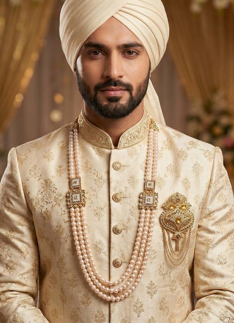   groom sherwani necklace moti mala layered for wedding | groom mala with brooch set