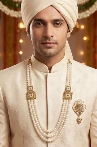   groom sherwani necklace moti mala layered for wedding | groom mala with brooch set