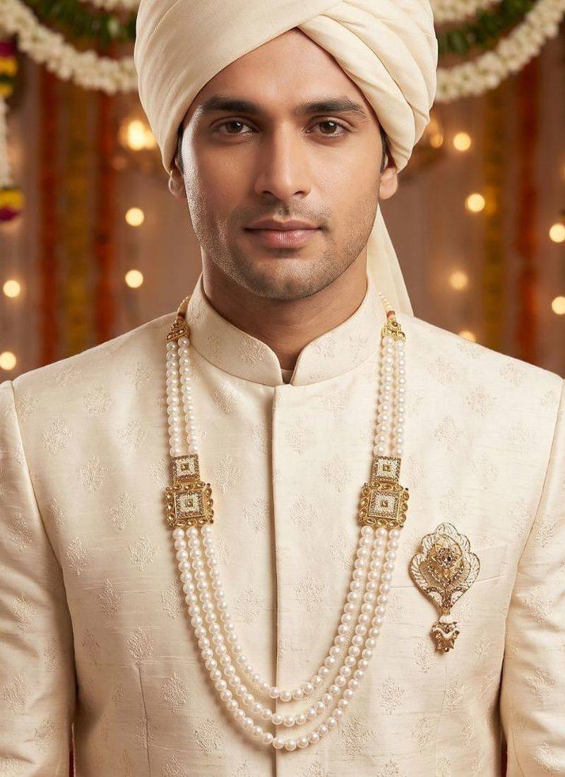   groom sherwani necklace moti mala layered for wedding | groom mala with brooch set