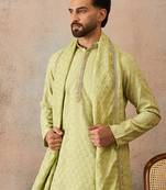 Men green jacquard woven design floral straight kurta with dupatta