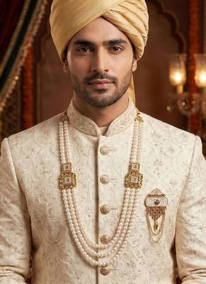   groom sherwani necklace moti mala layered for wedding | groom mala with brooch set 6