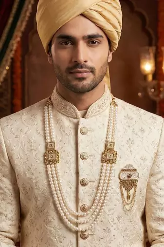   groom sherwani necklace moti mala layered for wedding | groom mala with brooch set