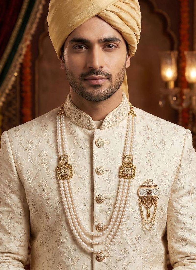   groom sherwani necklace moti mala layered for wedding | groom mala with brooch set
