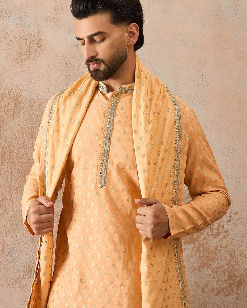 Men peach jacquard woven design floral straight kurta with dupatta