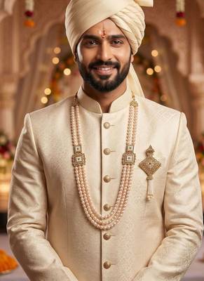   groom sherwani necklace moti mala layered for wedding | groom mala with brooch set 6