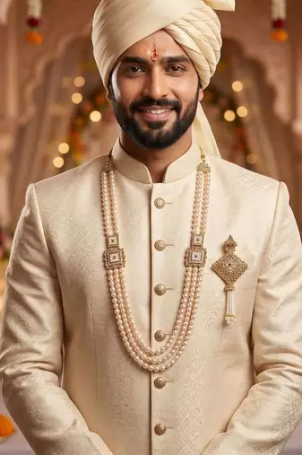   groom sherwani necklace moti mala layered for wedding | groom mala with brooch set
