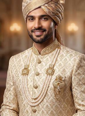   groom sherwani necklace moti mala layered for wedding | groom mala with brooch set 6