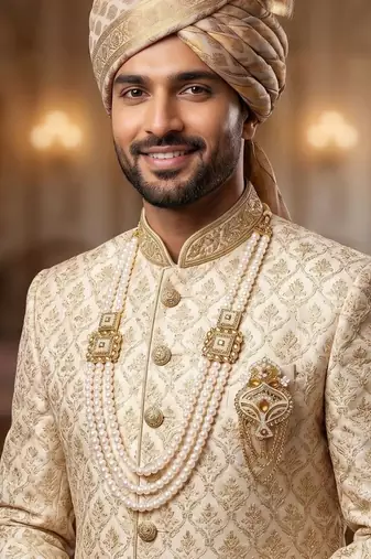   groom sherwani necklace moti mala layered for wedding | groom mala with brooch set