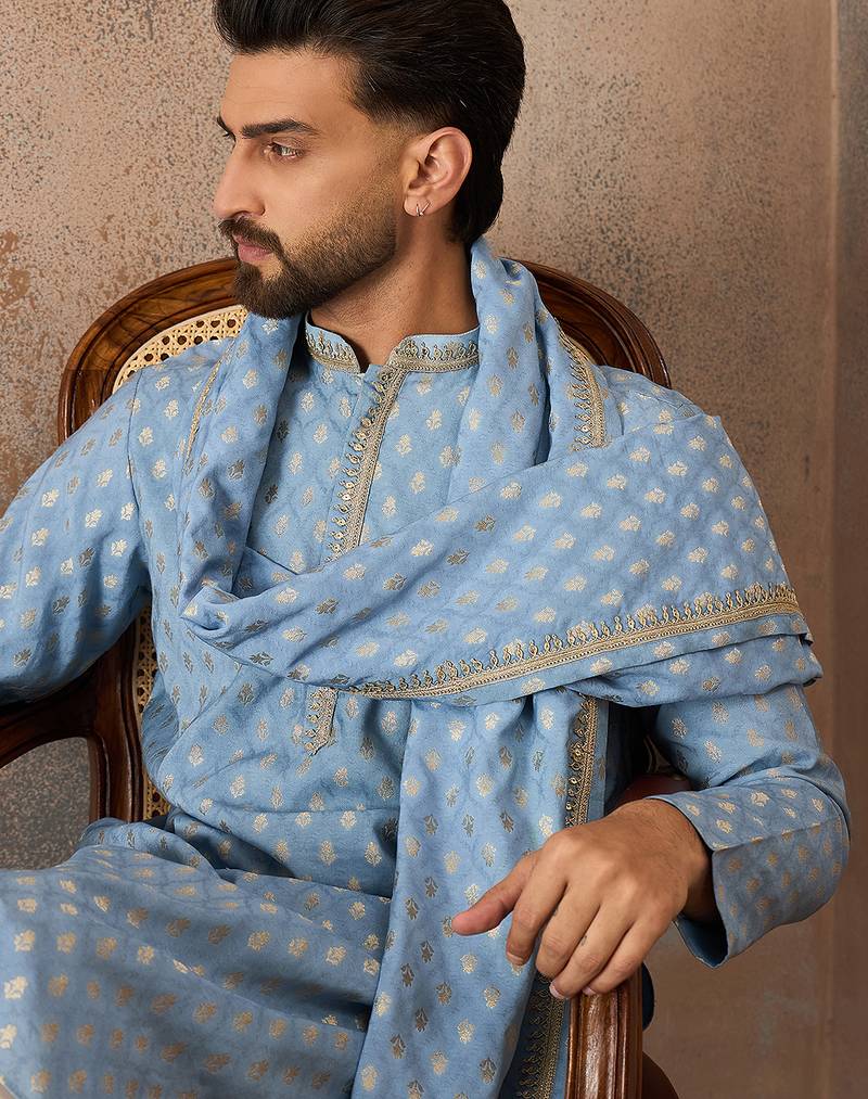 Men blue jacquard woven design floral straight kurta with dupatta