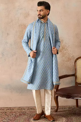 Men blue jacquard woven design floral straight kurta with dupatta