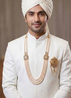   groom sherwani necklace moti mala layered for wedding | groom mala with brooch set 6