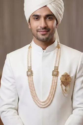   groom sherwani necklace moti mala layered for wedding | groom mala with brooch set