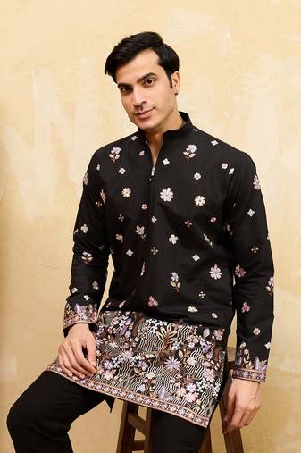 Men black silk blend embroidered straight kurta sets