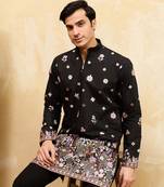 Men black silk blend embroidered straight kurta sets
