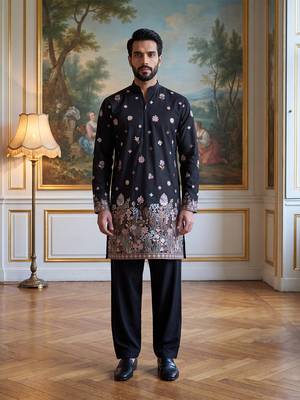 Men black silk blend embroidered straight kurta sets 1